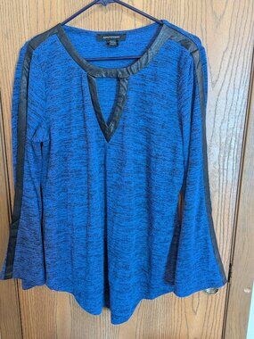 Ashley Stewart Long Bell Sleeve Faux Leather Accent Cut Out Neck Blue Top-12